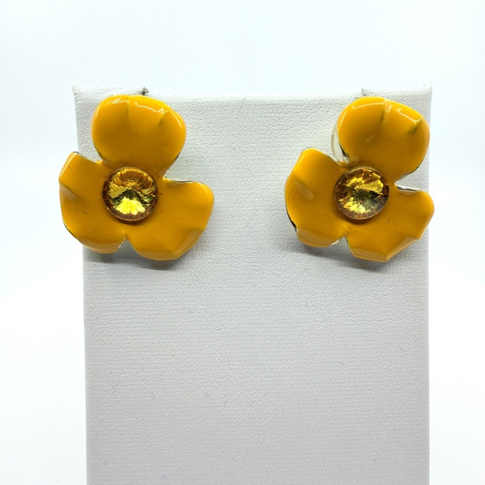 VTG Yellow Enamel Flower Stud Earrings - Boho Cottagecore Festival Gift - Picture 1 of 11